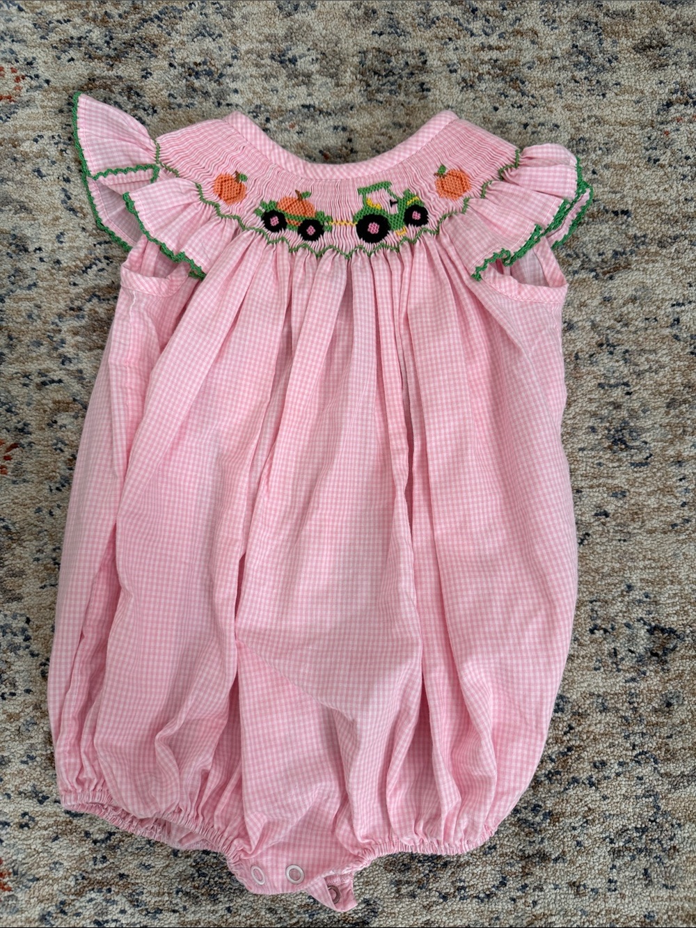 Southern Smocked Co. Pink Gingham Pumpkin & Tractor Bubble- Size 12mos.